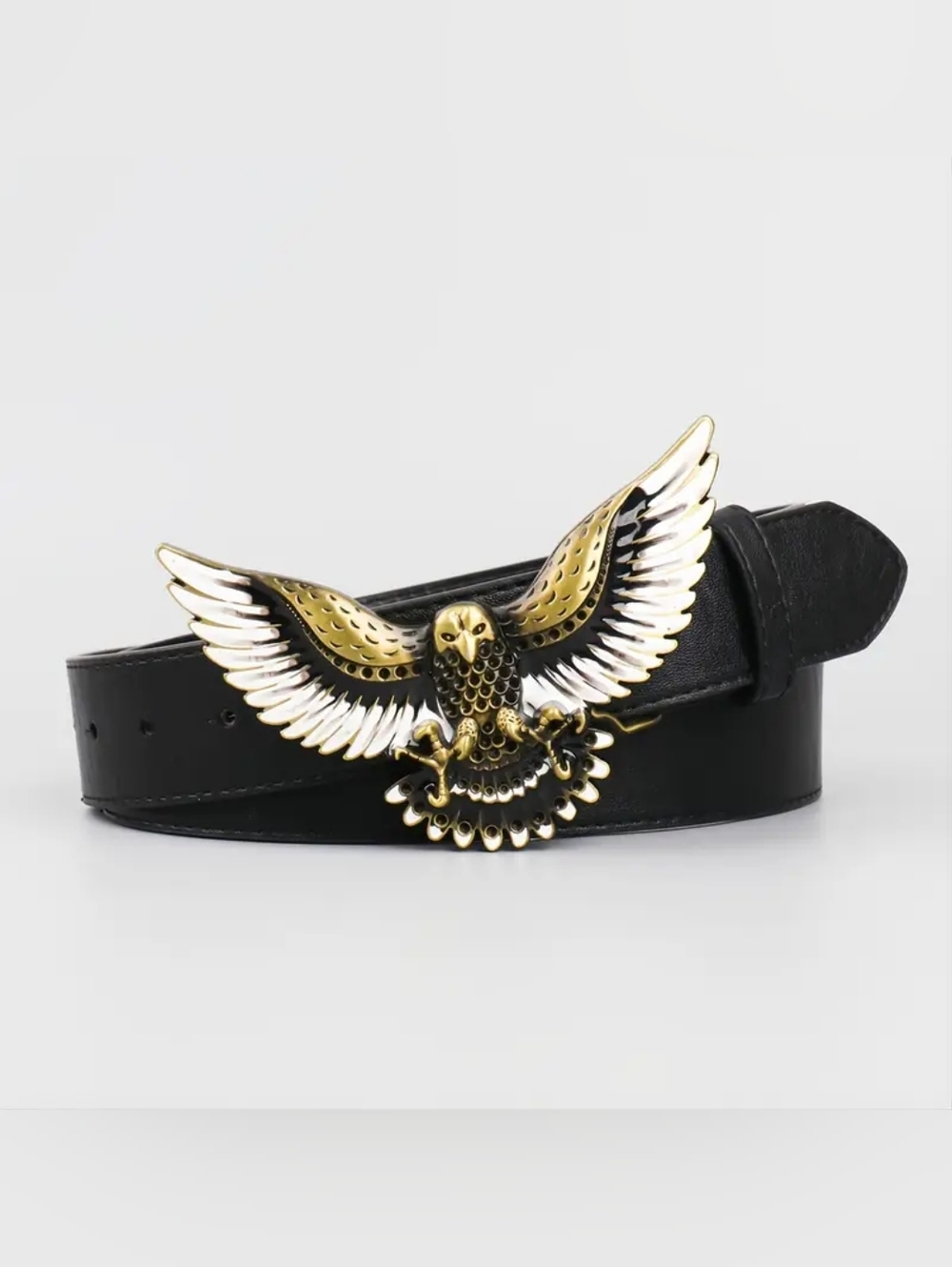 Gold and White Eagle Buckle Black Leather Belt